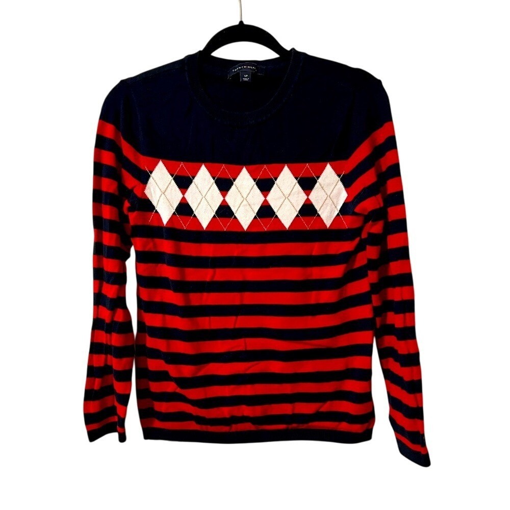 Tommy Hilfiger Holiday Sweater Pullover Women Small Blue Knit Argyle Diamond